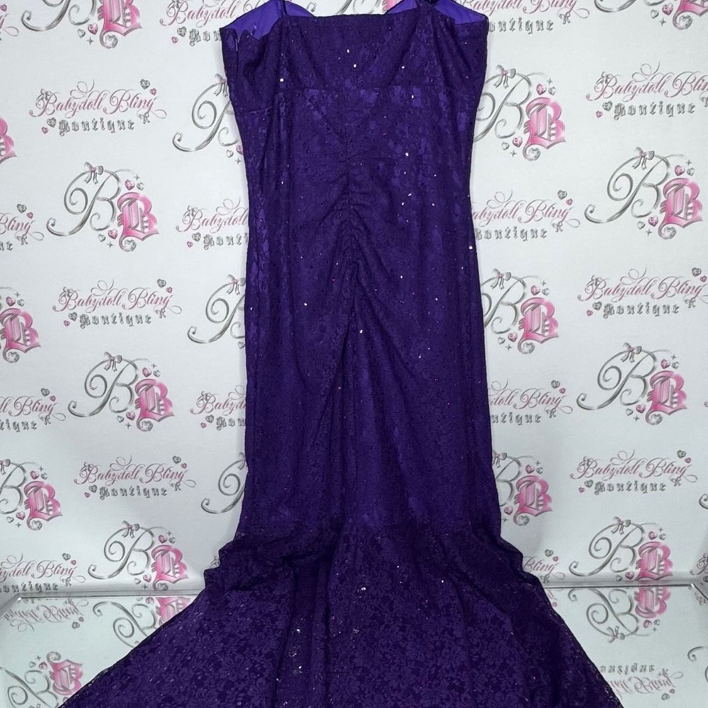 Reign on dress fancy sparkly rutched purple ball gown formal open slit mermaid - Picture 16 of 16